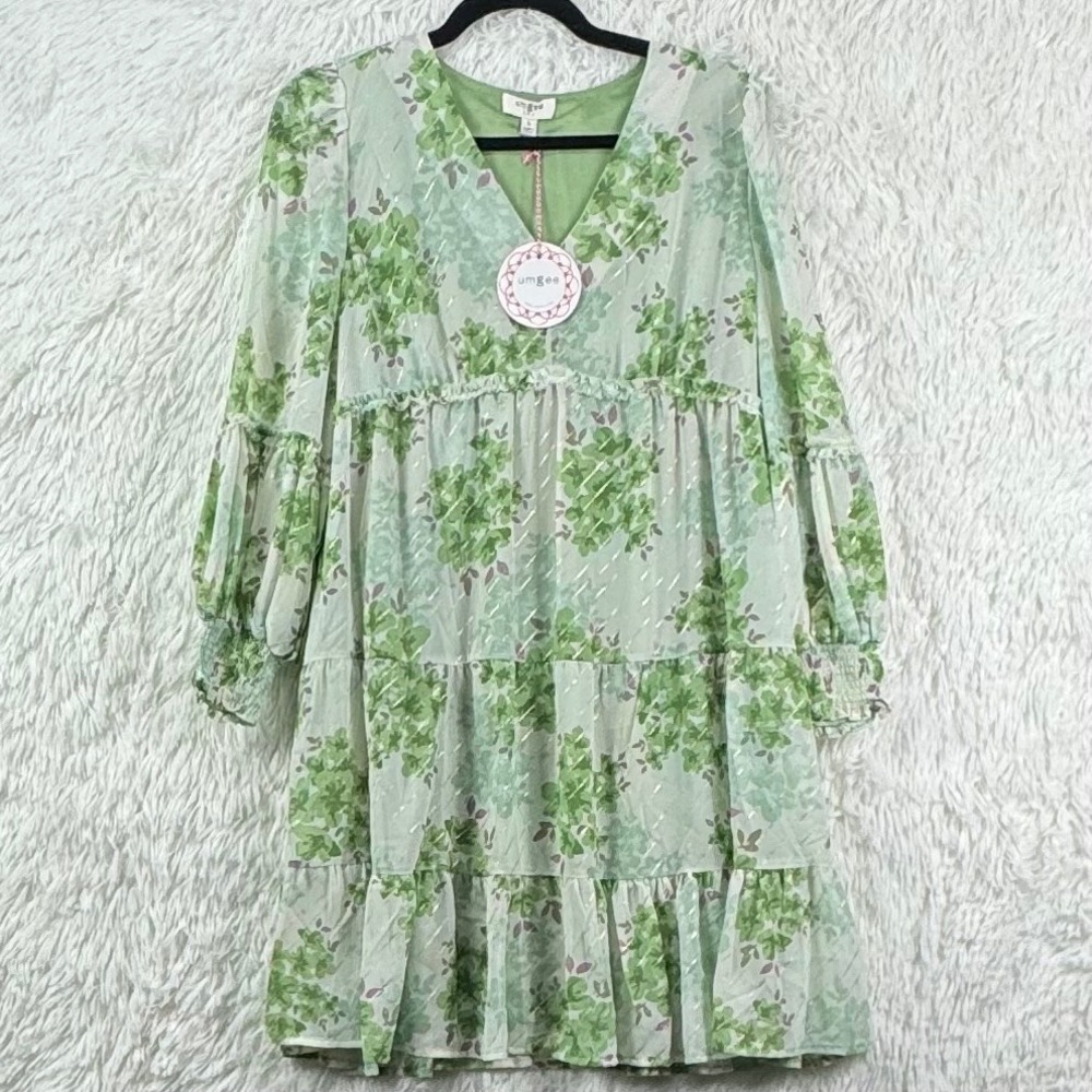 Umgee Green Floral Tiered Midi Dress Size Medium NWT Metallic Gold Thread